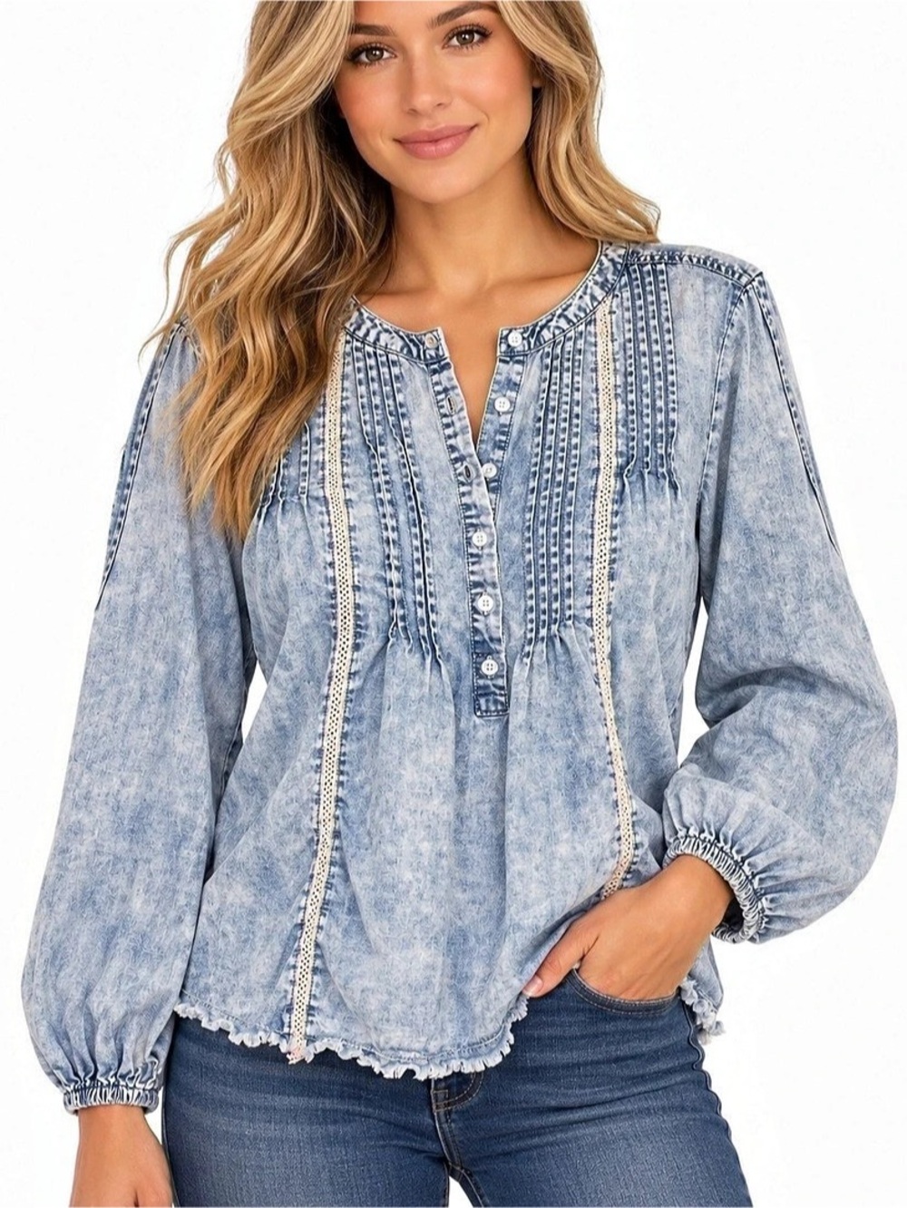 Cato L Chambray Blouse Denim Top Pintuck Crochet Trim Balloon Sleeve Boho